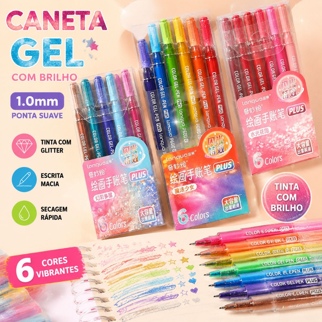 Canetas Gel Glitter Metálicas 8/12 Cores - Ponta 1.0mm Tinta Super Brilhante e Opaca P600