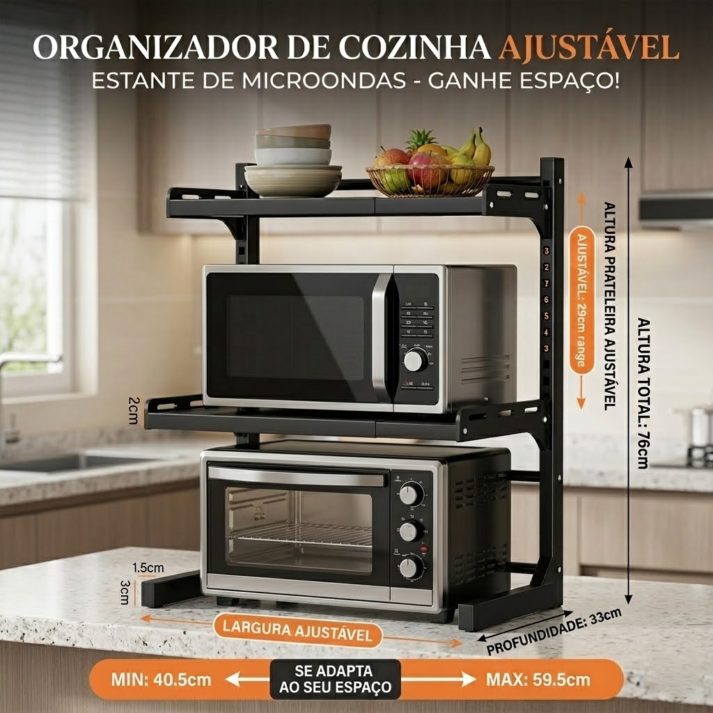 Rack Suporte Para Microondas Prateleira Organizador Ajustável de Cozinha Com 2 Camadas