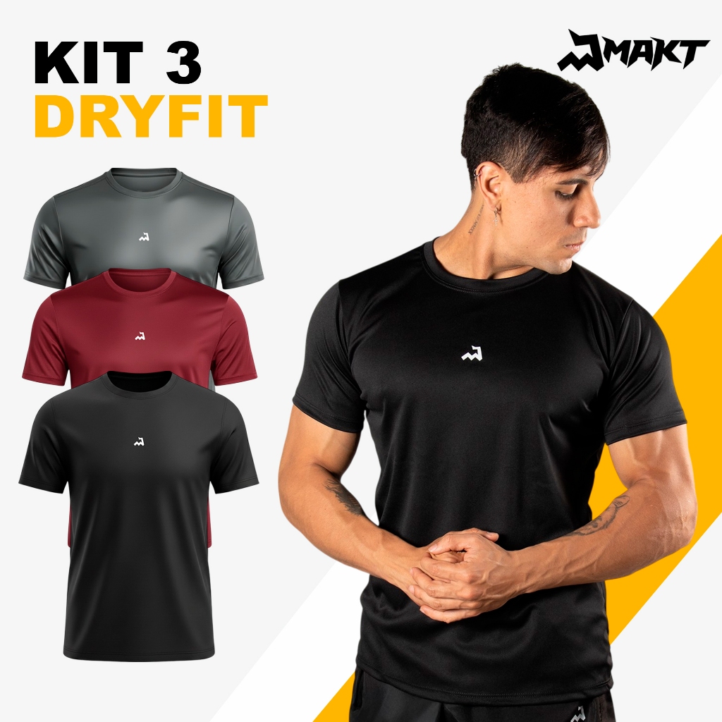 Kit 3 Camiseta Dry Masculina Manga Curta Fitness Academia Corrida CrossFit Poliester Sport Esporte