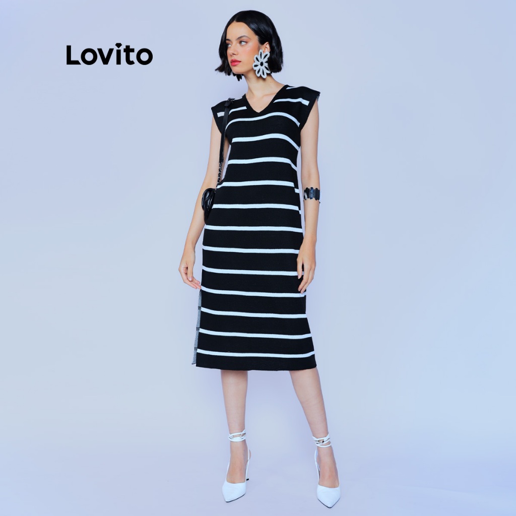 Lovito Vestido Feminino Midi de Tricô Listrado DRB810BRL840
