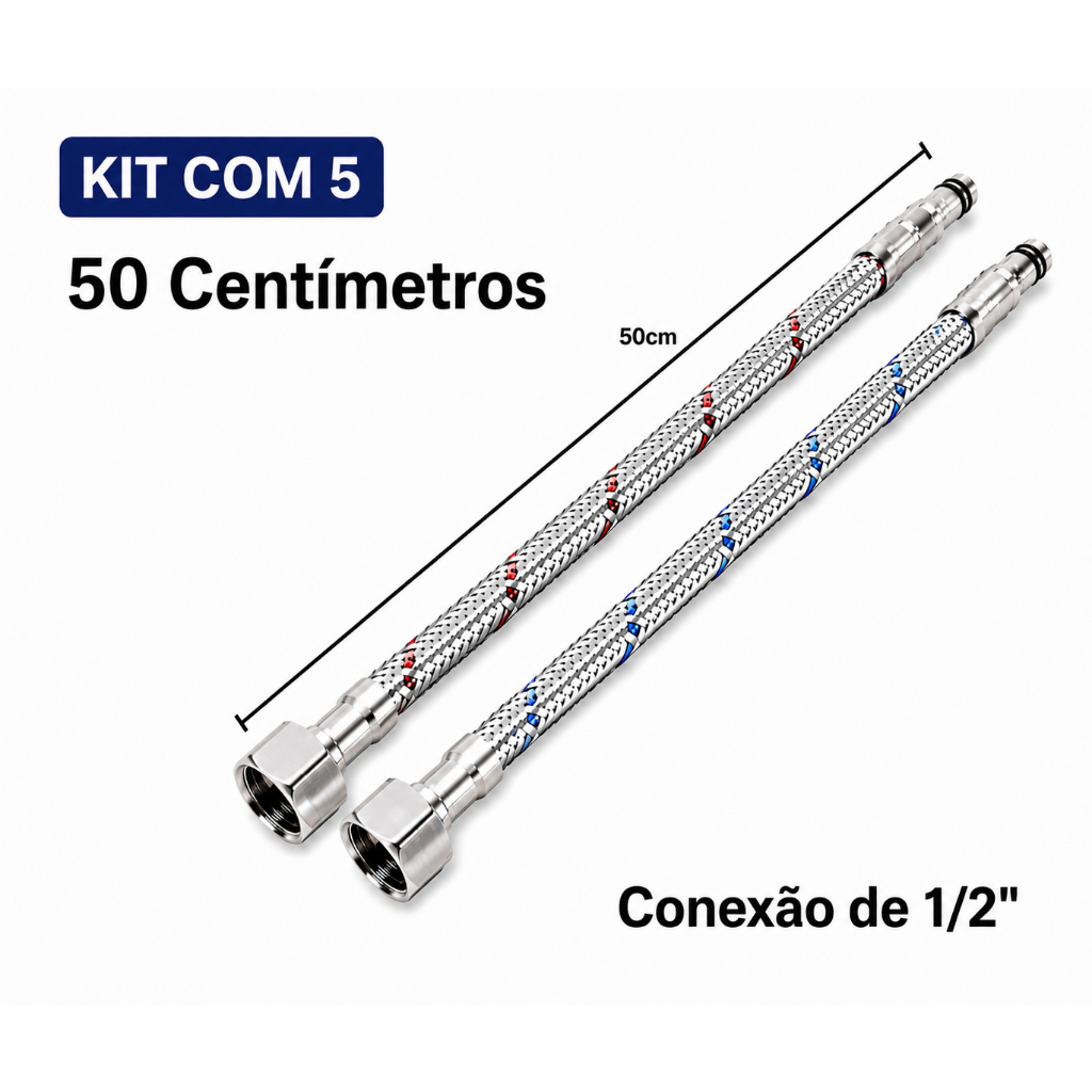 Par Engate Flexível para Misturador Monocomando | 50cm 1/2" Prateado | KIT com 5