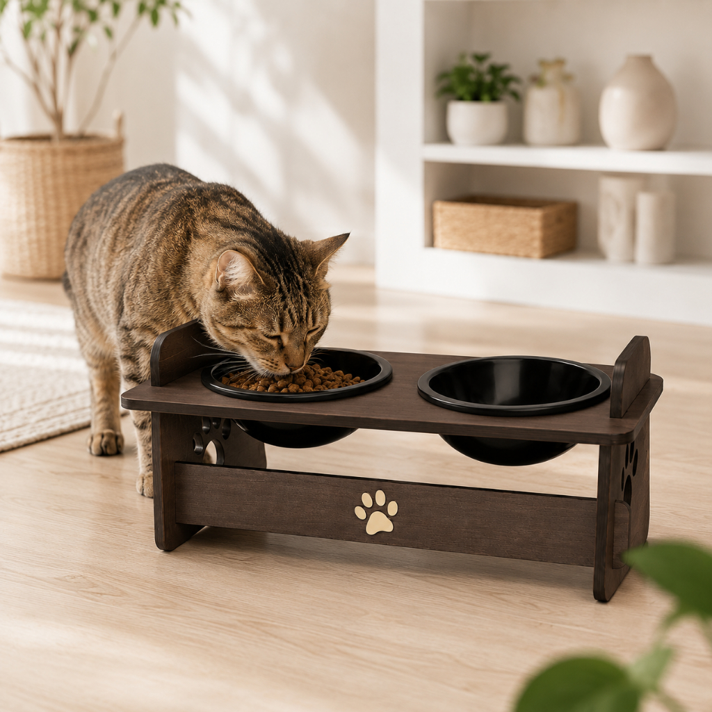 Comedouro Bebedouro Elevado Pet MDF Para Gato Cachorro 1 ou 2 Potes Preto Branco