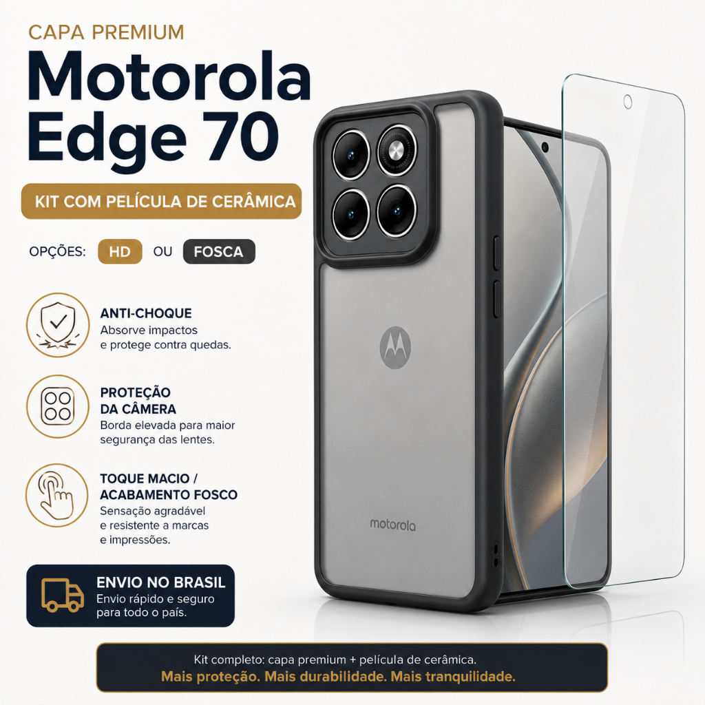 Kit Capa capinha translucida preto Premium motorola edge 70+Película Cerâmica HD/Fosca