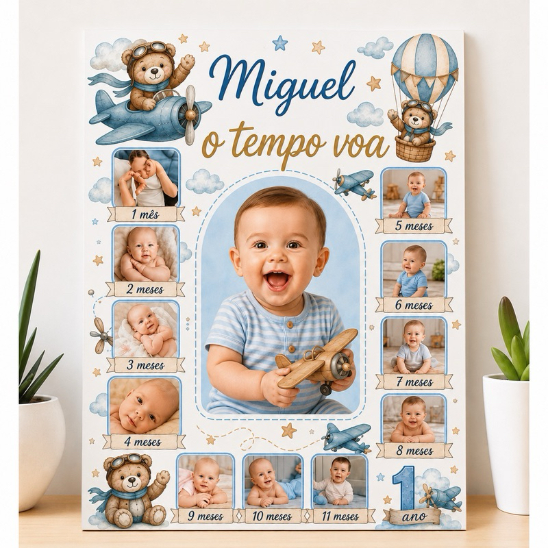 Quadro Placa Decoração Recepção Aniversário Infantil Fotos Ursinho Aviador O tempo voa