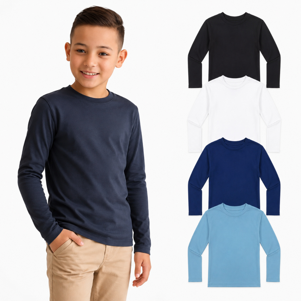 Kit 3 Camisetas Manga Longa Infantil Menino Inverno Básica Lisa Tamanho 2 ao 12, Camisa 100% algodão