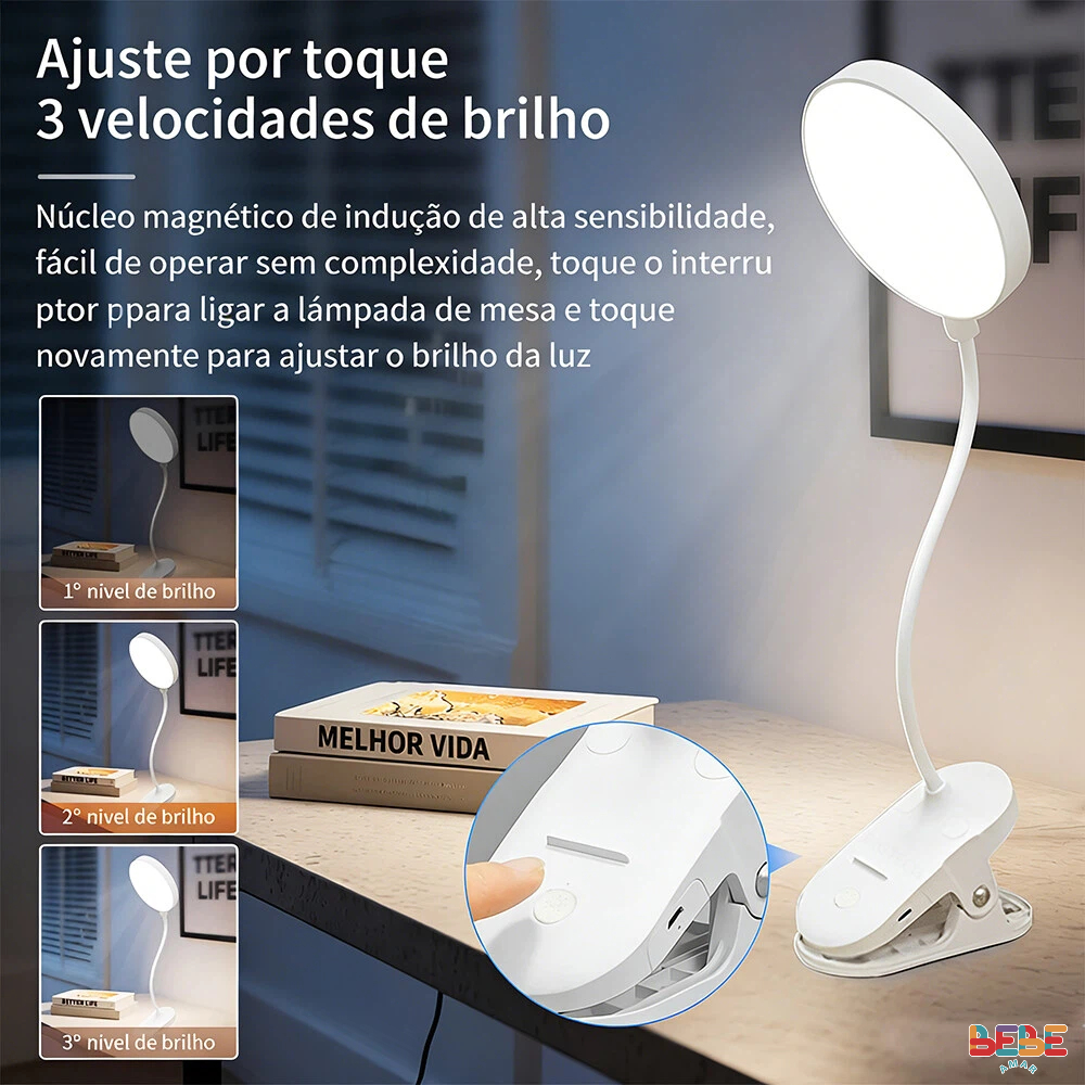 Lâmpada de Mesa Recarregável com Grampo Dobrável 3 Modos Led USB Escurecimento Proteção dos Olhos