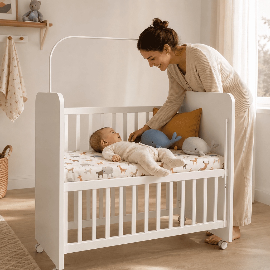 Mini Berço BabySense Com Grade Móvel + Colçhão, Mini Berço Infantil Bedside Ergonômico Confortável