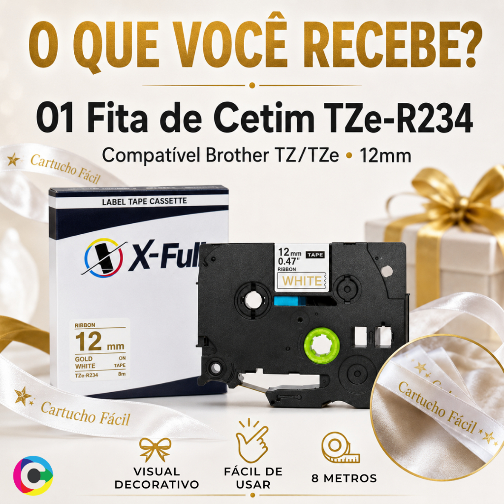 Fita Rotuladora Cetim TZe-R234 Compatível Brother 12mm Branco Escrita Dourada Decorativa Impressão