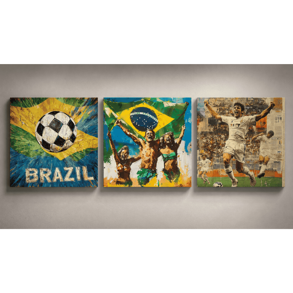 Kit 3 Quadros Decorativos Futebol Seleção Brasileira Campeao Bola Copa do Mundo Trio de Quadros MDF para Sala