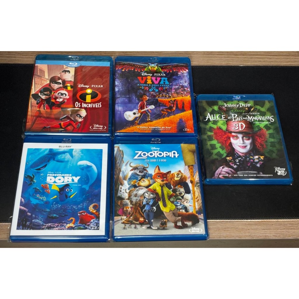 Combo Disney Pixar Blu-ray 5 Filmes Incríveis Viva Dory Zootopia Alice 3D Ptbr (Usado)