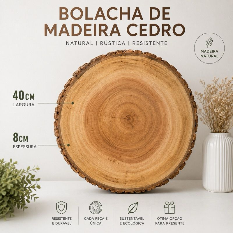 Bolacha de Madeira Natural Cedro 40cm x 8cm Espessura - Sousplat de Madeira