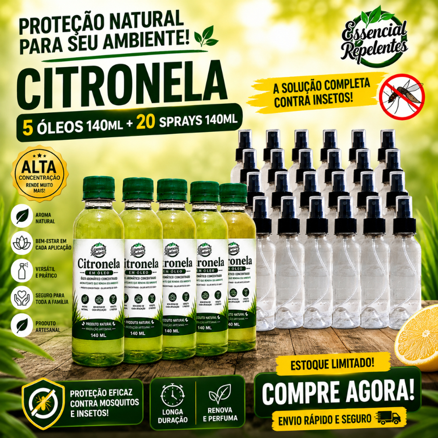 Óleo de Citronela Repelente Concentrado em 5 frascos de 140 ML e 20 Sprays de 140 ML