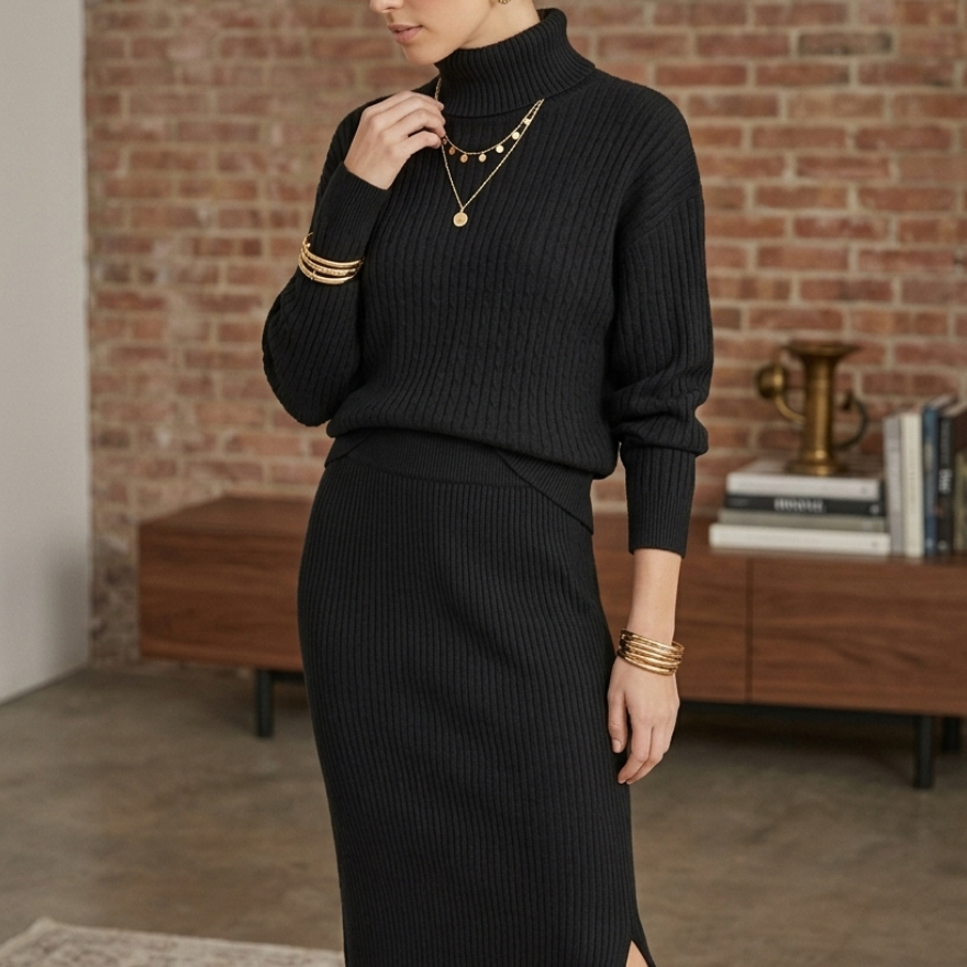 Conjunto Modal Trico Feminino Elegante Canelado com Gola Alta + Saia Midi Com Elástico Ajustada Confortável