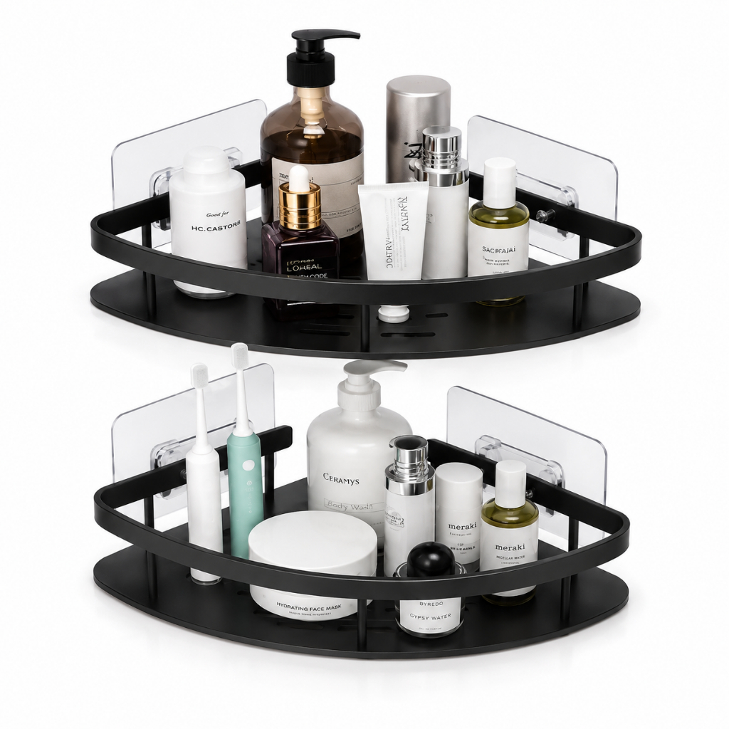 Kit 2 Peças Organizador Banheiro Canto Duplo Sem Furo Preto Aço Adesivo