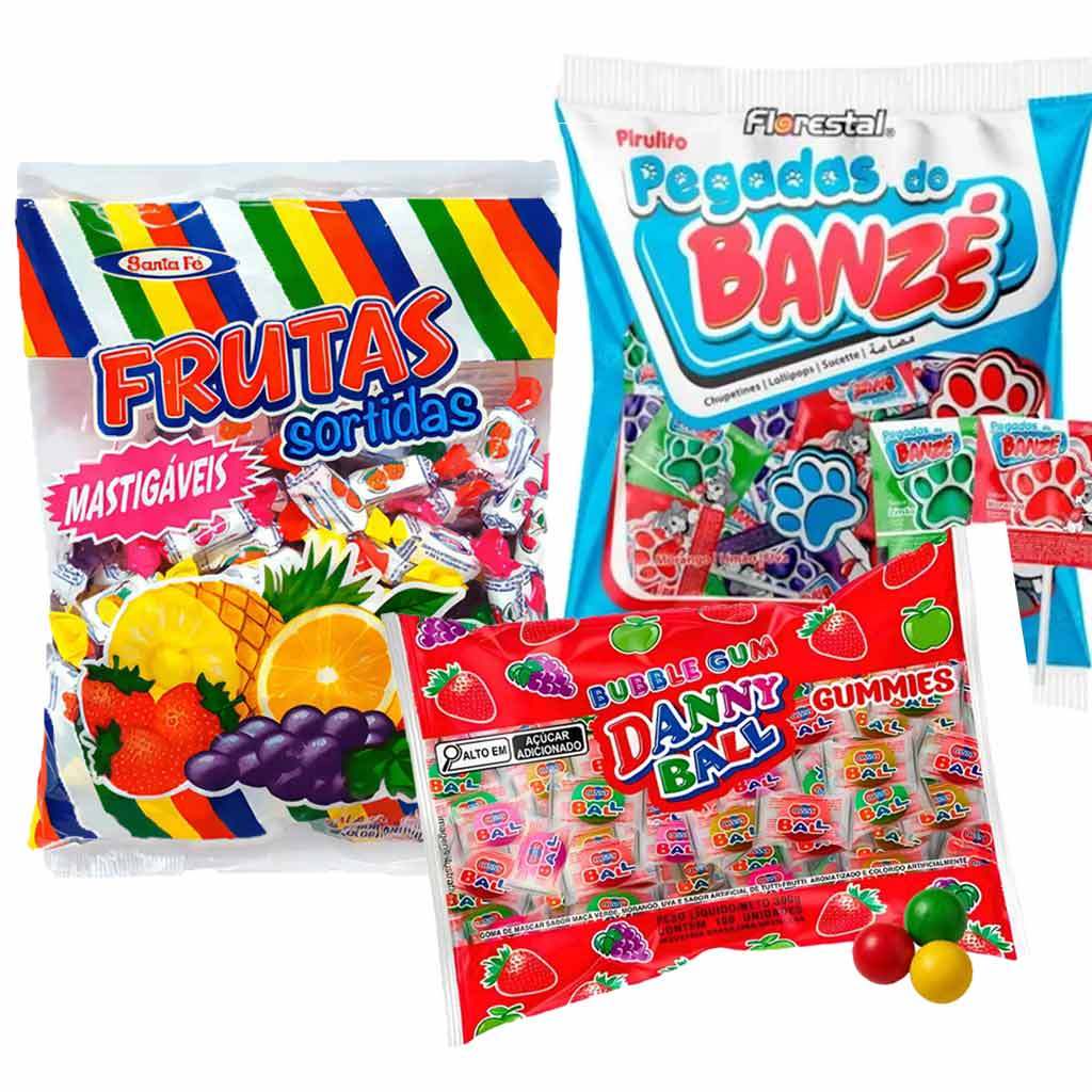 Kit Festa Aniversário Chiclete Bola DannyBall, Bala Mastigável Frutas Santa Fé e Pirulito Banzé Boavistense