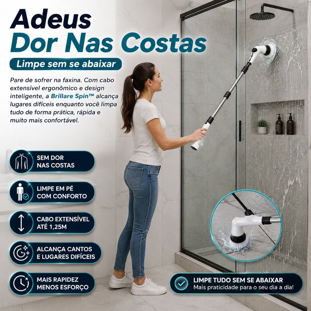 Escova Elétrica Rotativa 9 em 1 Sem Fio Cabo Extensível Limpeza Multiuso Recarregável Brillare Spin™