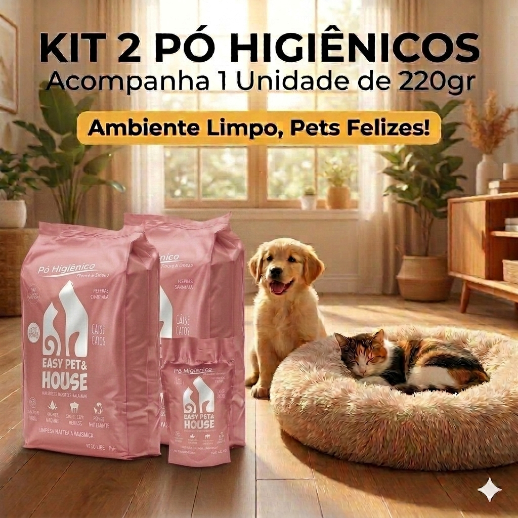 Kit c/ 2 Eliminador de Odores e Limpeza à Seco Pó Higiênico Easy Pet Cães e Gatos Floral