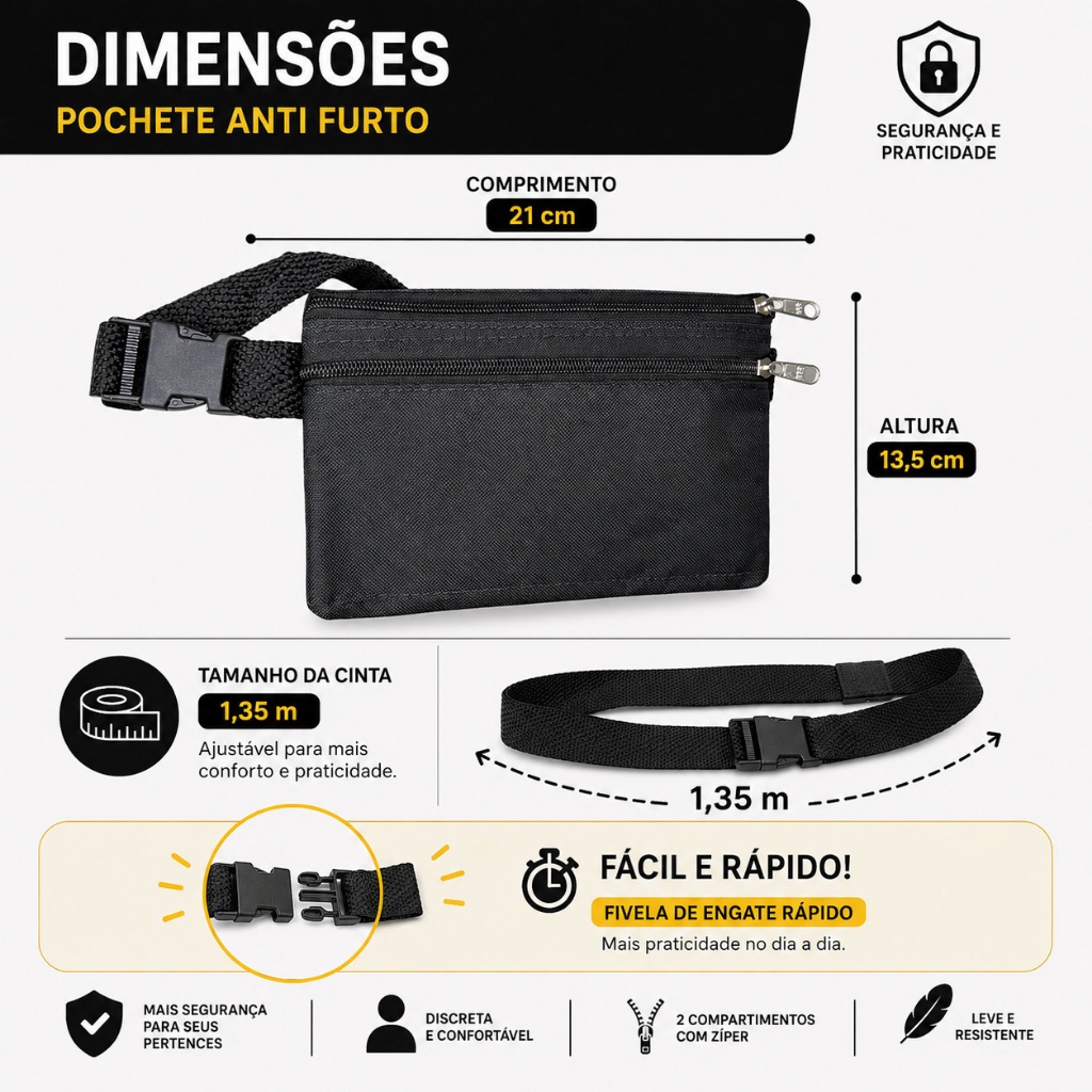 Pochete Doleira Anti Furto, Esconde Celular Carteira Cartão Dinheiro Relógio Documentos, Ideal Para Show Eventos Viagem