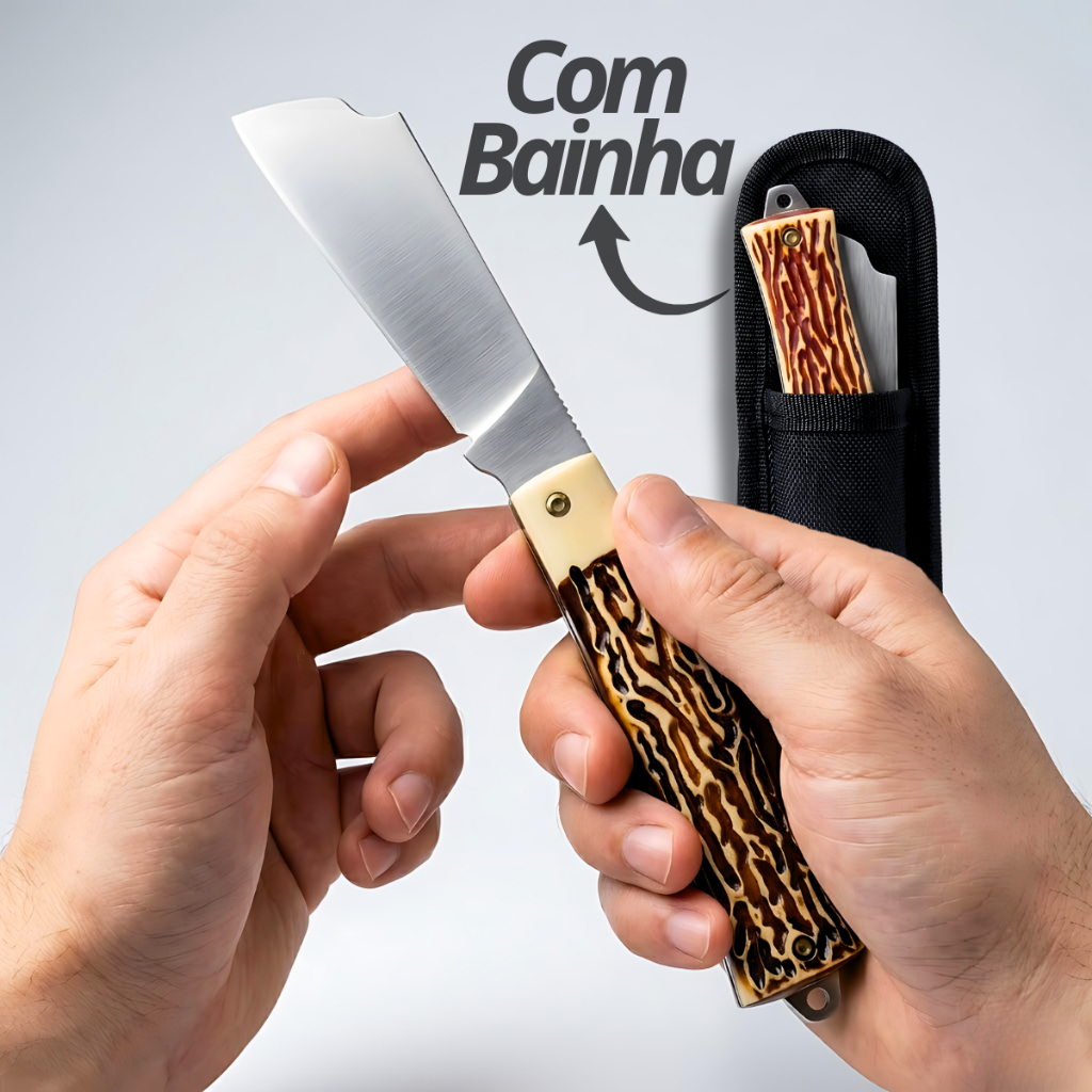 Canivete Bolso Inox Retratil Tradicional C/ Bainha 18cm Pesca Camping Pica Fumo Roça Lamina Larga