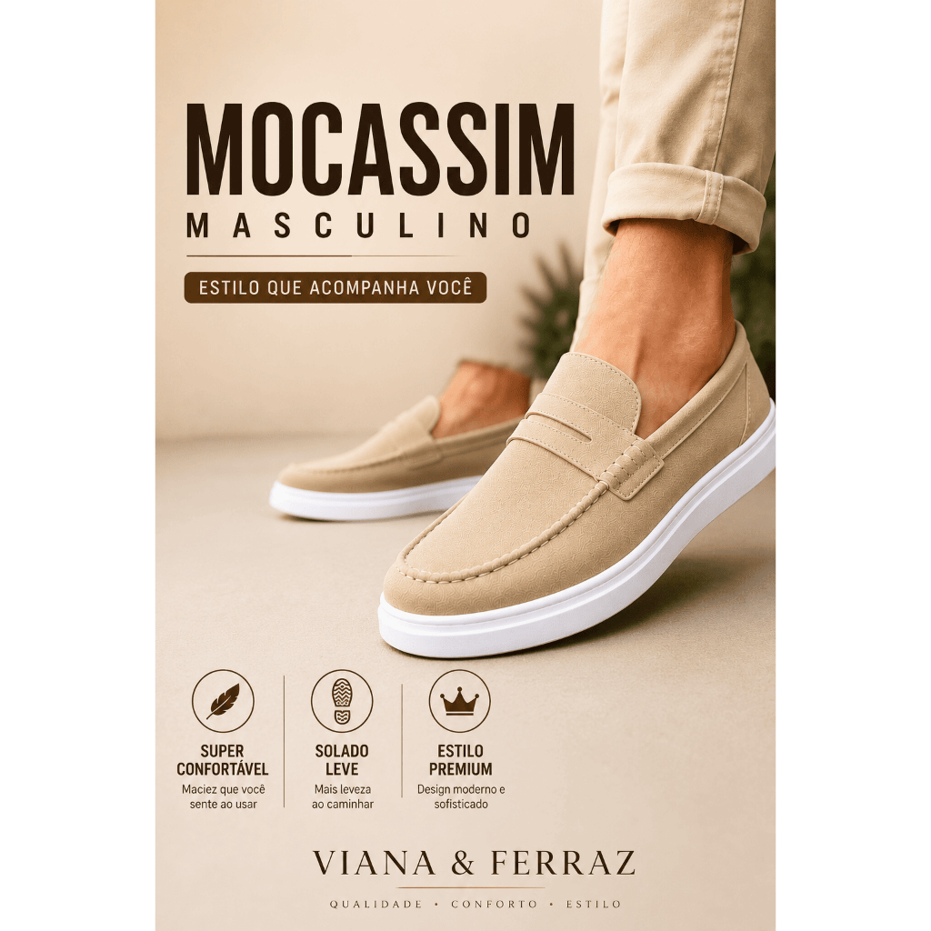 Mocassim Masculino Casual Camurça Slip On Confortável Solado Alto