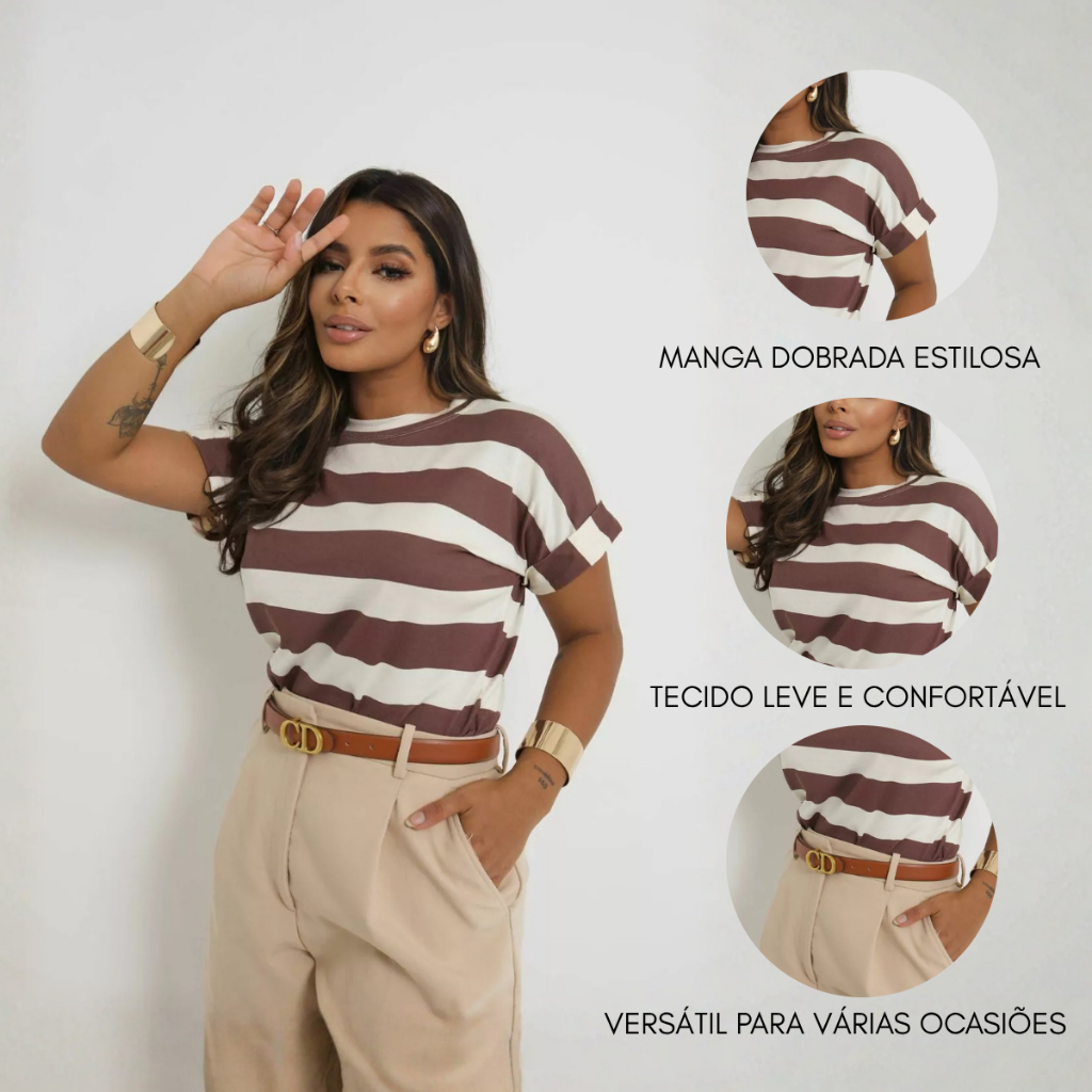 Blusa Camiseta Blusinha Feminina Baby Look T-Shirts Listrada Manga Curta Viscolycra Básica