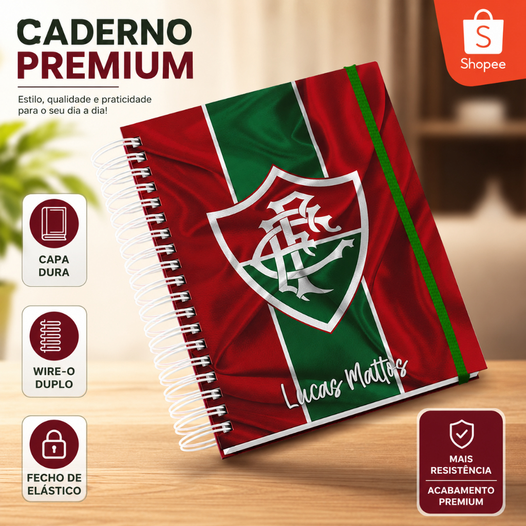Caderno Personalizado Fluminense Tricolor com Nome Capa Dura Wire-O 22x16cm Premium 120 Folhas