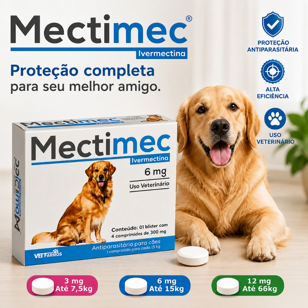 Mectimec Ivermectina Para Cães Carrapatos, Pulgas, Sarnas Antiparasitário Pequenos Médios e Grandes