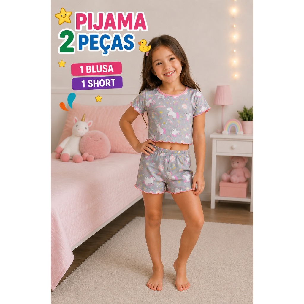 Pijama Infantil Feminino Curto Cropped  Conjunto Verão Menina Confortável Malha suede Macia Blogueirinha Moda  KIDS