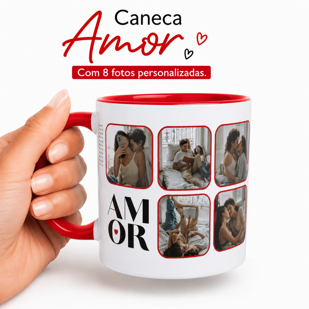 Caneca Amor Personalizada com 8 Fotos | Presente para Casal | Caneca Romântica com Fotos