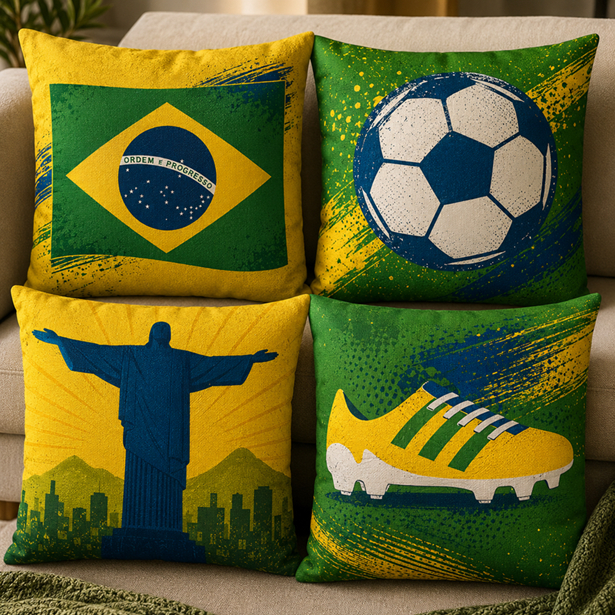Kit 4 Capas de Almofadas Decorativas Brasil Verde Amarela 45x45cm  - Copa do Mundo - Tecido Premium