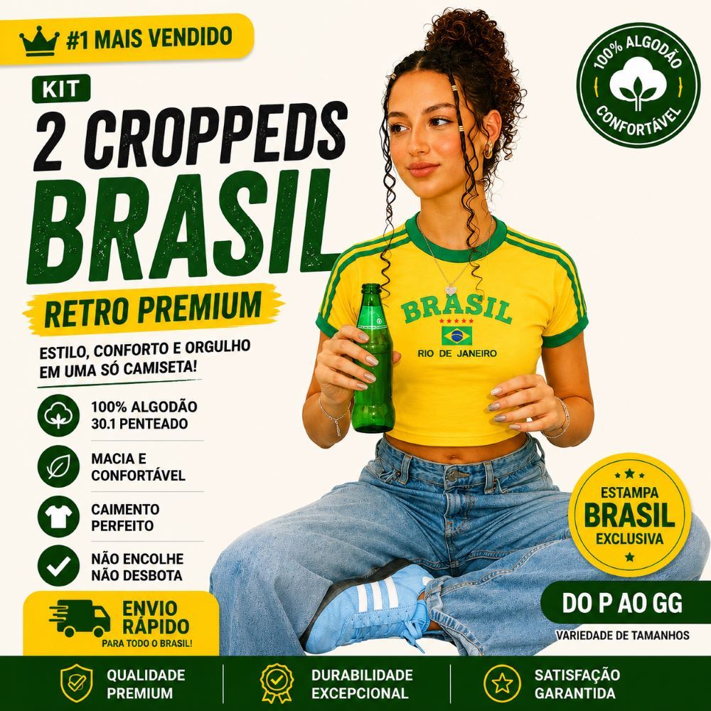 Cropped Feminina Baby Look Camiseta do Brasil Retro Estampada Algodão Premium