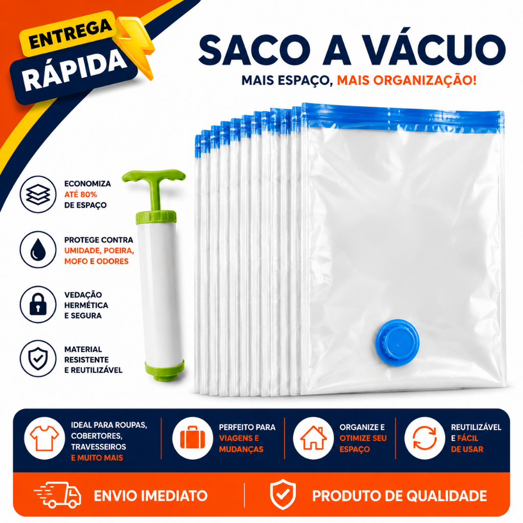 Kit Saco a Vácuo 50x60cm Organização de Roupas Mala Viagem Guarda-Roupa Edredom Toalha Bomba Manual