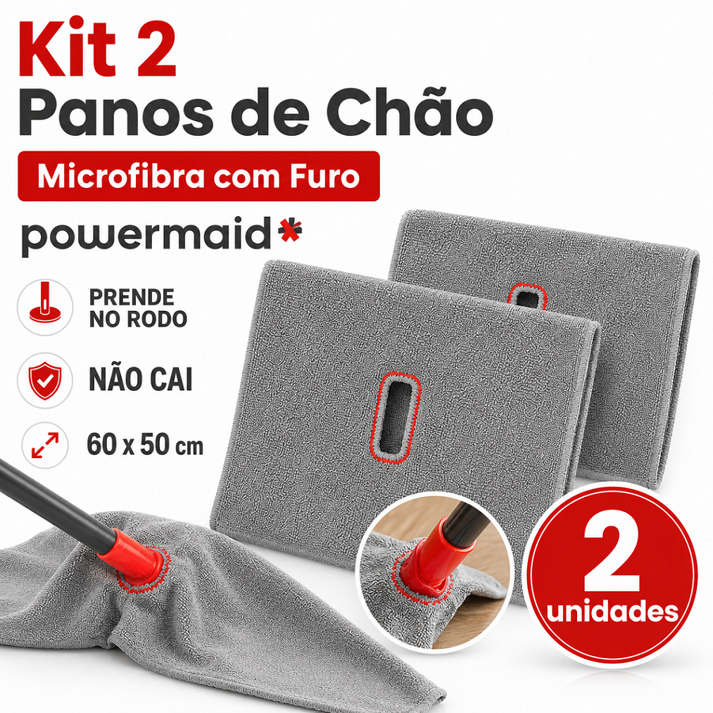 Kit 2 Panos de Chão Microfibra com Furo 60x50cm Powermaid Rodo