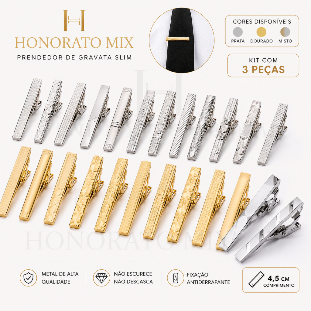 Kit 3 Peças de Prendedor de Gravata Clipe Gancho Slim 4 cm Prata e Dourado Moda Social Masculina