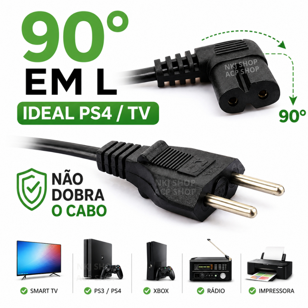 Cabo Força Bipolar Tipo 8 90 Graus Em L Oitinho TV Samsung LG PS4 PS5 Impressora