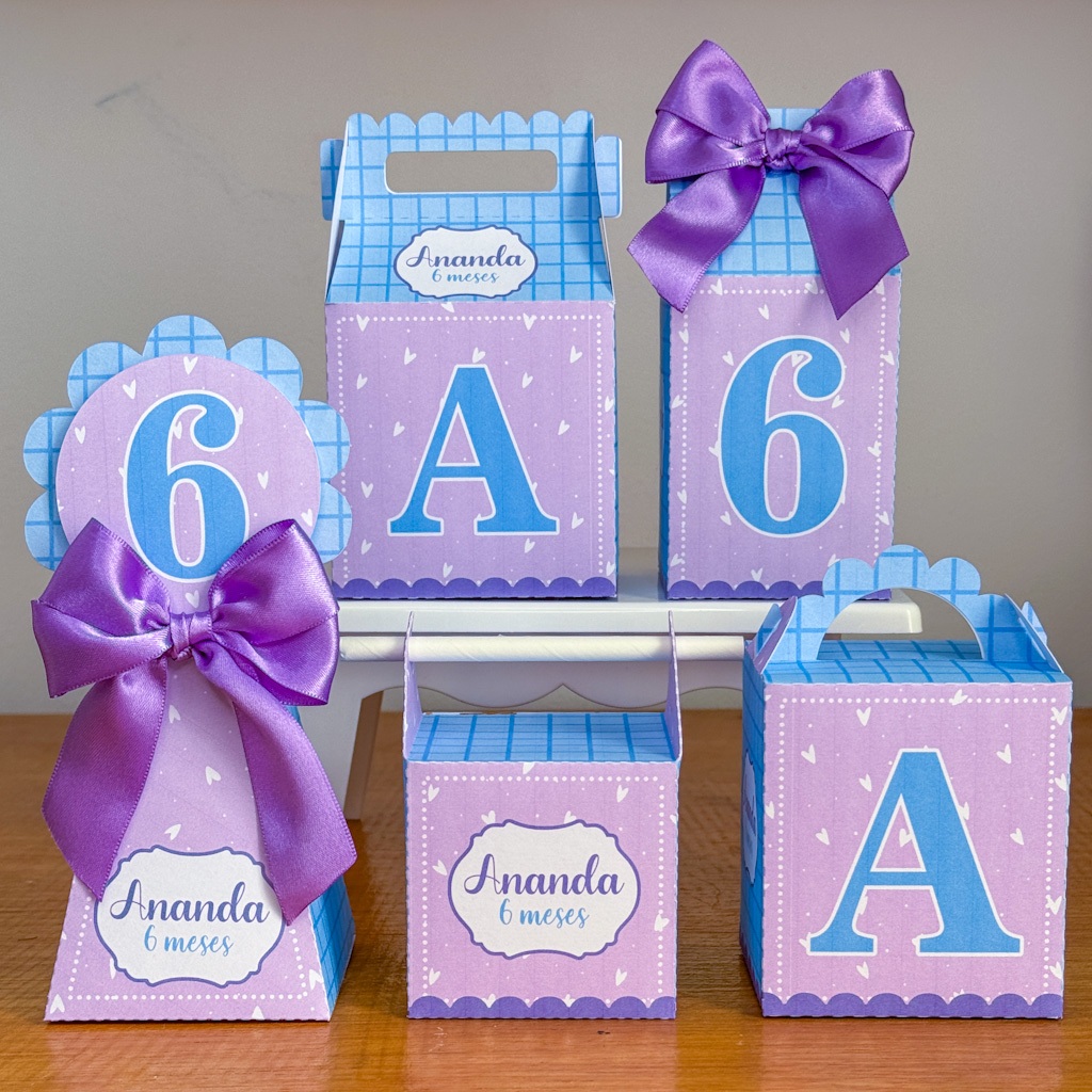 PEGUE E MONTE|Kit Festa Personalizado| LILÁS E AZUL | Caixinhas Lembrancinha para Aniversário - SEMIMONTADAS