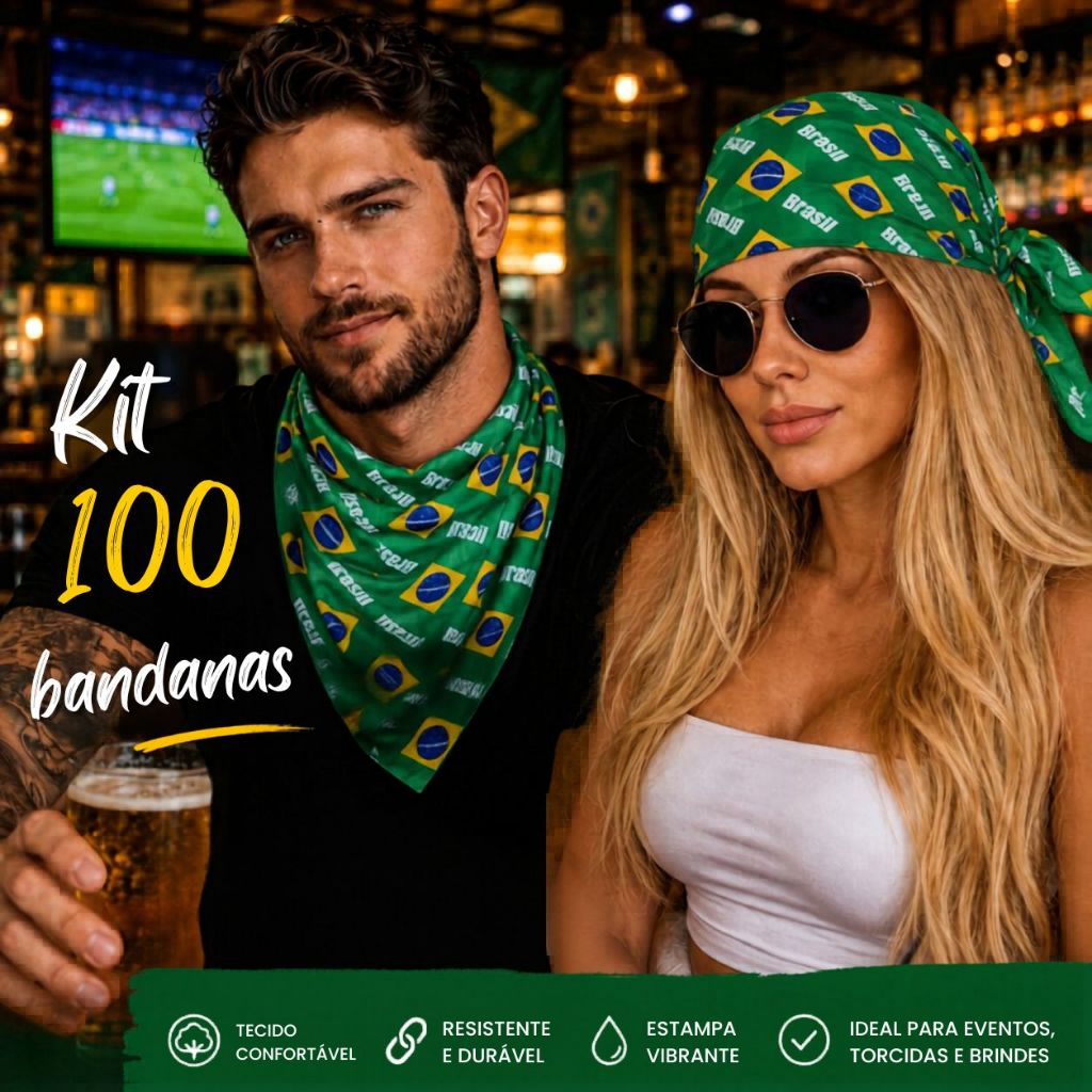 kit 100 Bandana Lenço Bandeira Brasil Torcida Copa do Mundo