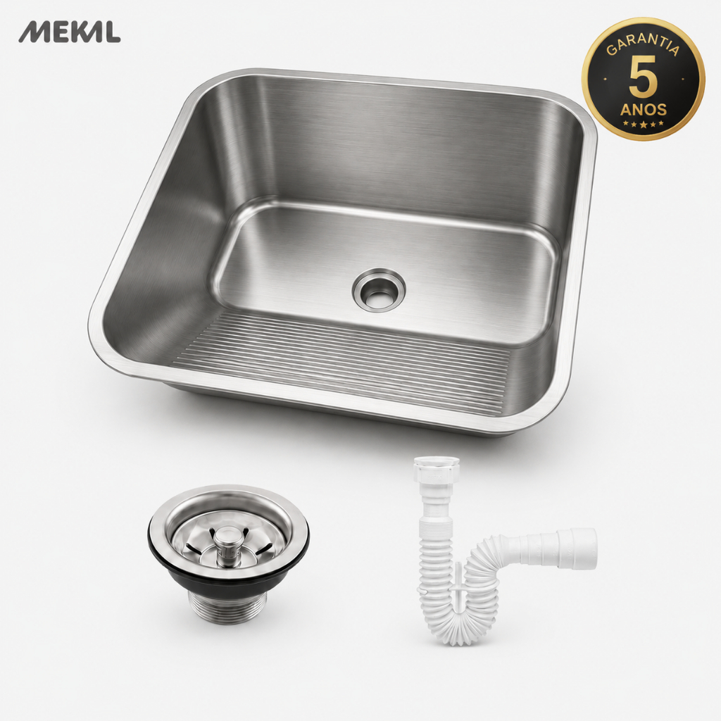 Cuba Tanque Mekal 60x50 CT-60 Aço Inox Escovado Para Lavanderia Embutir Sobrepor Rebordeada com Válvula e Sifão