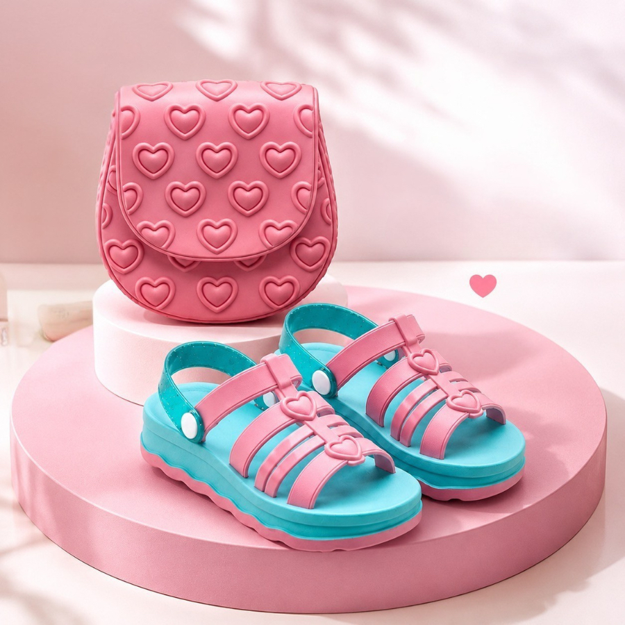 Kit Sandalia Infantil Menina com Bolsa de Coração Elegante