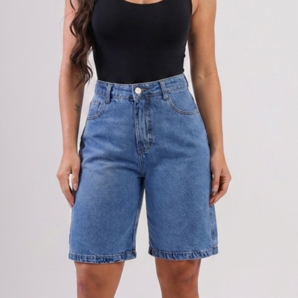 Bermuda Feminina Jeans Mom Pedal Sem Lycra Cintura Alta Comprida Confortável Elegante
