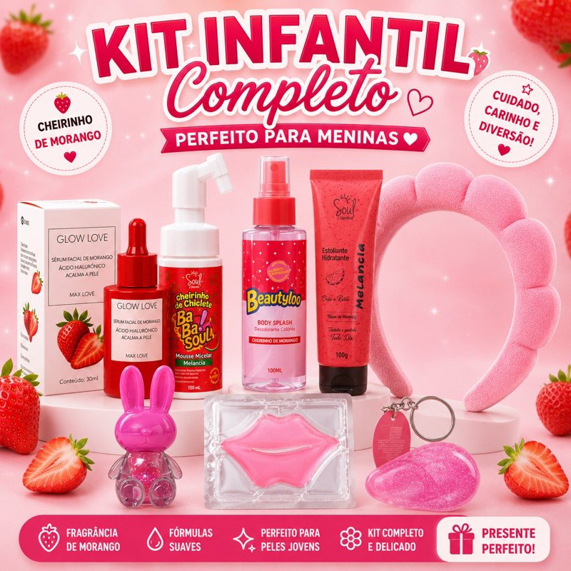 Kit Skincare Infantil Presente Menina 7 Itens Melancia Água Micelar + Sérum + Esfoliante + Tiara + Máscara Labial