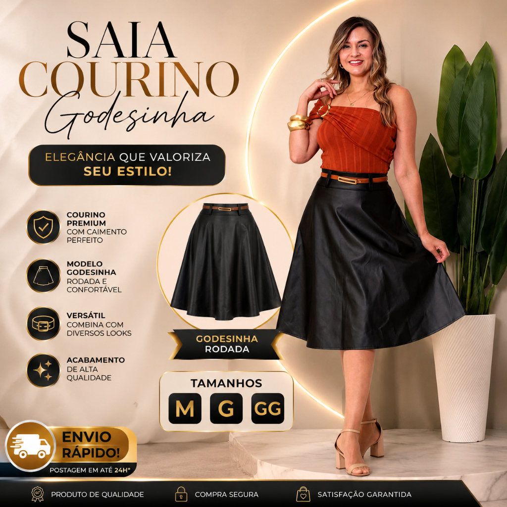 SAIA FEMININA GODESINHA DE COURO FAKE PREMIUM COM BOLSOS LATERALES, CINTURA ALTA MODA EVANGELICA CAIMENTO PERFEITO