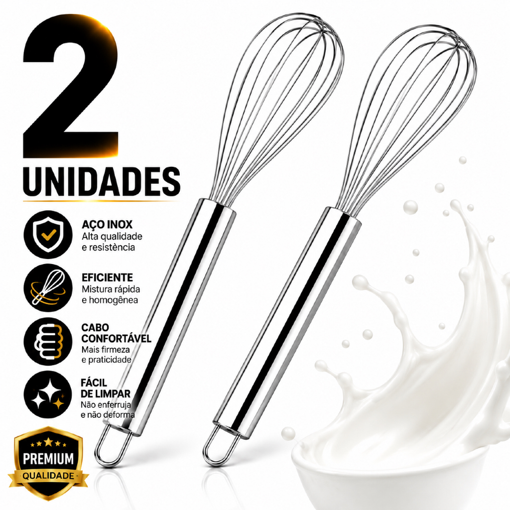 Batedor de Ovos Fuê Manual Inox Resistente 28,5cm Fouet Profissional Mistura Rápida Uniforme Cozinha