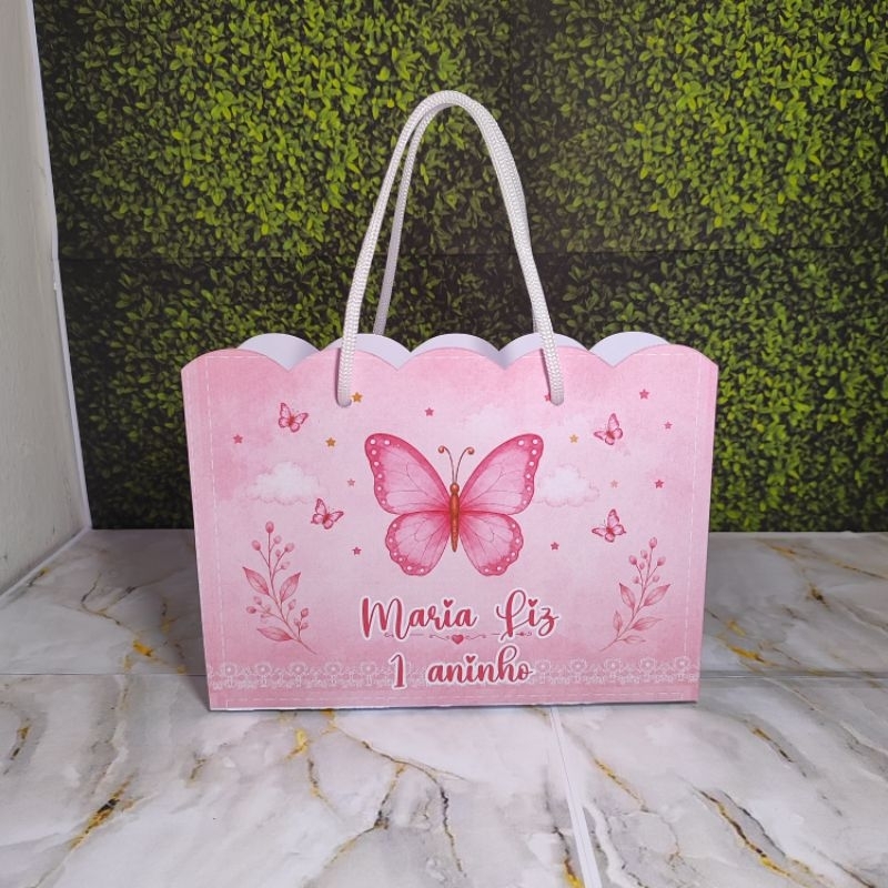 PEGUE E MONTE -  Kit Sacolinha Surpresa Personalizada Jardim das Borboletas Rosa Menina | Lembrancinha Festa Infantil