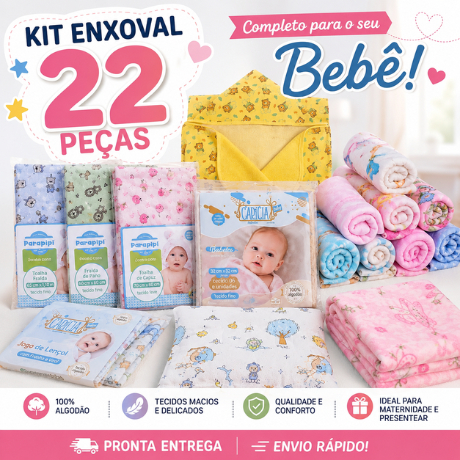 Kit Enxoval Bebê 22 Peças Completo Maternidade Recém Nascido Menino Menina 100% Algodão