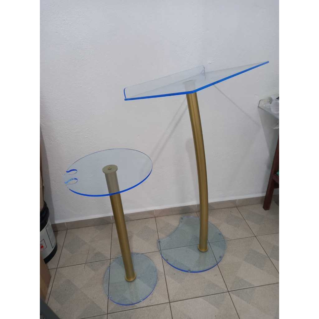 Púlpito Acrílico Azul Neon 50cm Tubo Dourado Para Igreja A01