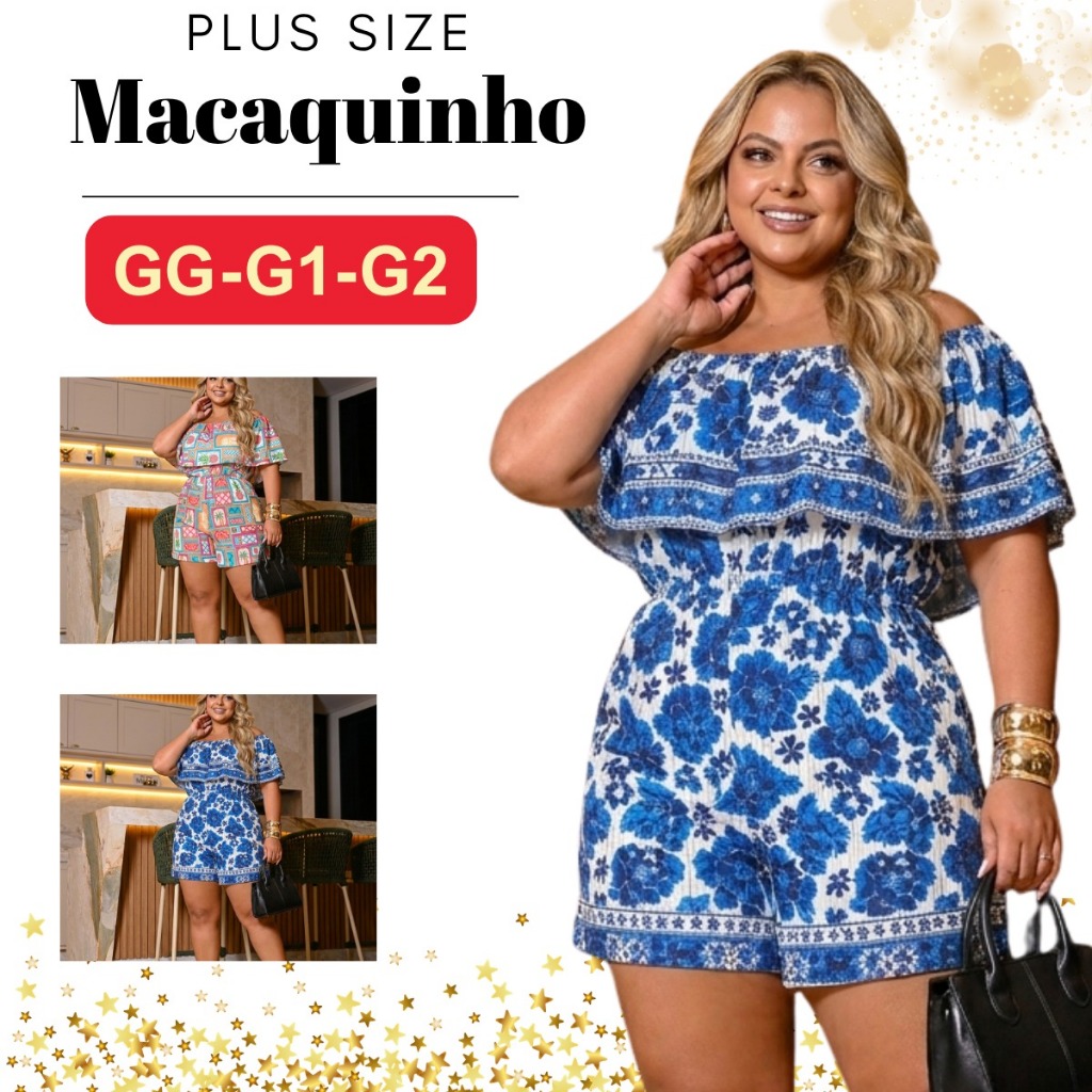 Macaquinho Plus Size Feminino Short  Estampado Boho Grande Soltinho Elegante Verão Novidade Ombro a Ombro