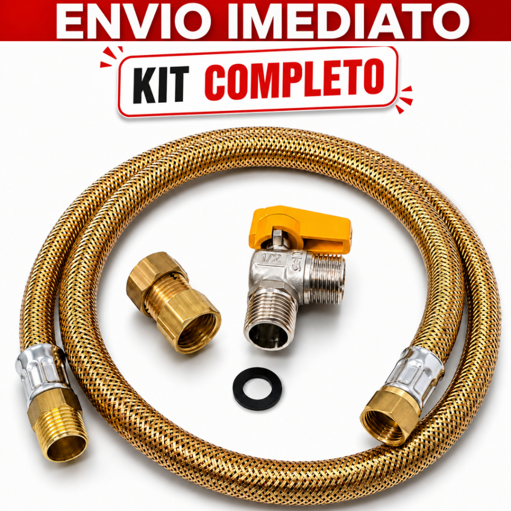 Kit Mangueira Gas Encanado Cobre  Metálica Registro Angular 90 graus macho e adaptador 1/2'' Fêmea