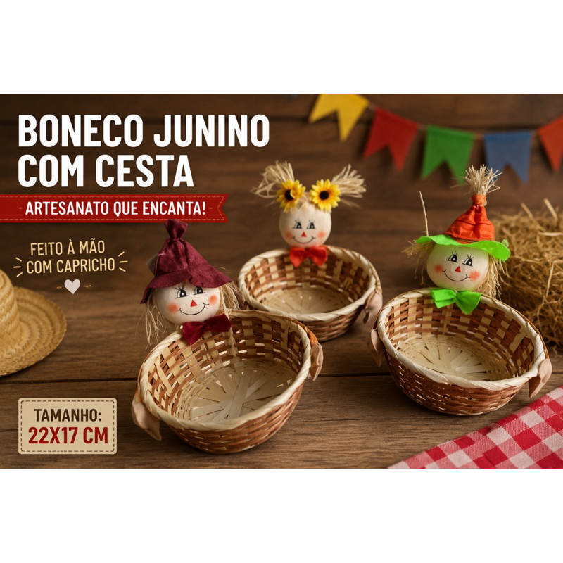 Enfeite Boneco Junino Com Cesta | 22x17cm | Unidade E Kits | Material: Palha | Decoração Festa Junina | São João, Quadri
