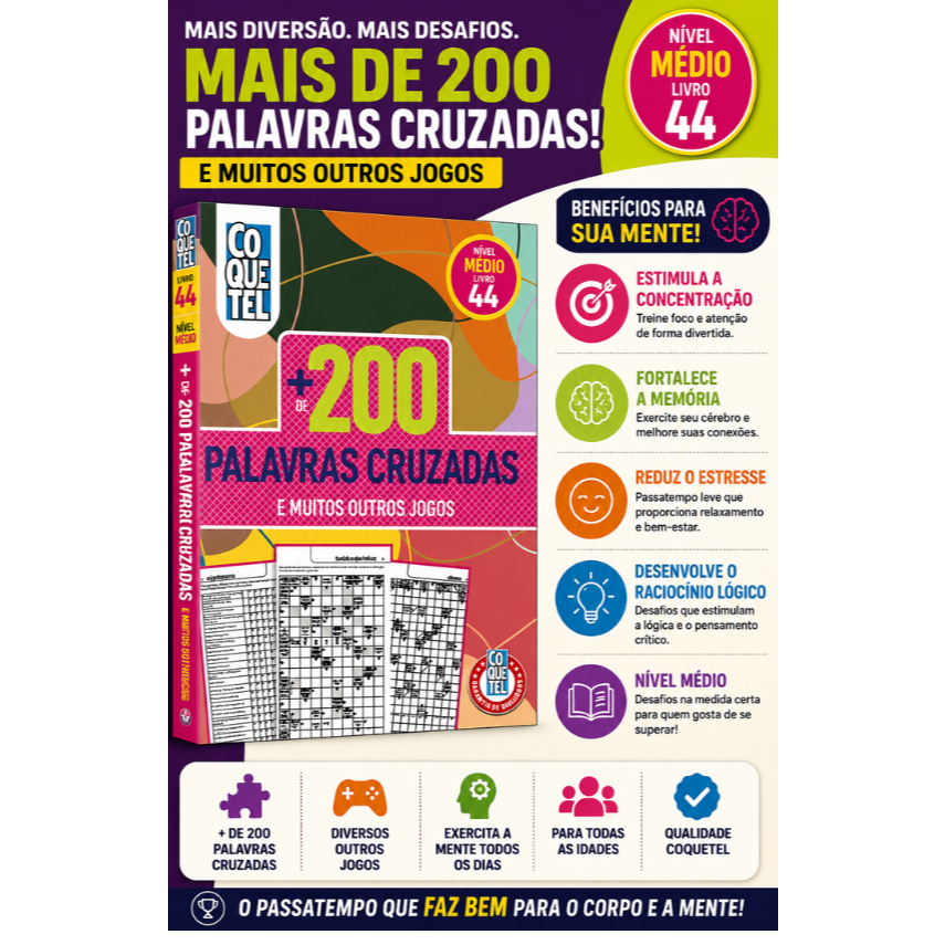 Mais de 200 Palavras Cruzadas Coquetel Livro 44 Nível Médio Jogos e Passatempos